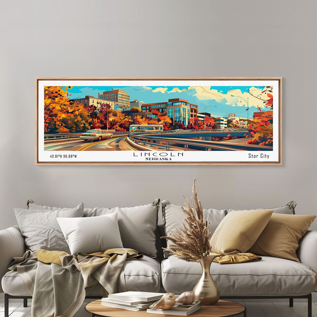 Lincoln Nebraska Panoramic Wall Art Mid Century Modern Framed Canvas Print Retro Pop Art Travel Poster Home Decor Etsy UK