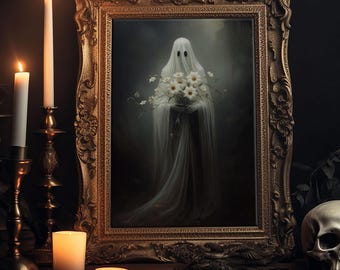 Ghost With Flowers Canvas Print: Gothic Halloween, Dark Academia Decor
