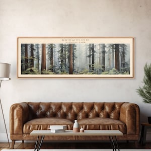 Redwood National Park Panoramic California Travel Art, National Park Print, Minimalist Travel Art, Subdued Watercolor Painting Panoramic