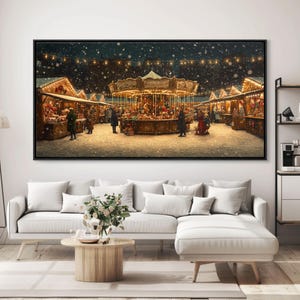 Retro Carousel Christmas Market Framed Canvas Print - Beautiful Vintage Christmas Decor and Holiday Wall Art with Christmas Scene