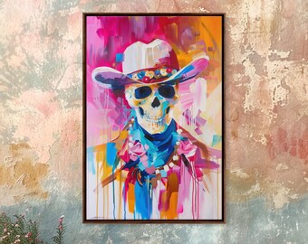 Vibrant Skeleton Cowboy Art: Colorful Western Framed Canvas Print