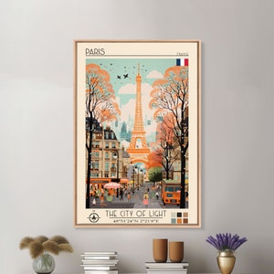 Cartel de viaje de París Francia Impresión de lienzo enmarcado, Arte moderno de mediados de siglo, Decoración de pared de arte pop, Arte de pared escénico, Decoración de sala de estar, Regalo de oficina