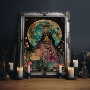 Spooky Witch with Cauldron Under Full Moon Framed Canvas Print | Halloween Witch Art | Witch Decor for Home | Magical Halloween Artwork