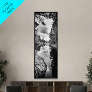 Forest Reflection, Lake Stillness, Tranquil Pines, Nature Calm, Black and White Canvas Print, Bedroom Wall Art, Cabin Vibes