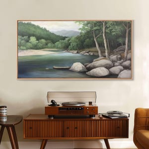 Framed River Landscape Canvas: Rustic Mountain Art Print