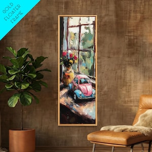 May include: A vertical rectangular wall art piece in a gold floater frame depicting an oil painting of a pink and blue toy car sitting on a windowsill next to a vase of colorful flowers, with a window pane background showing an outdoor view.