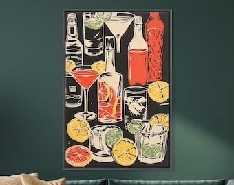 Retro Cocktail Canvas Art: 70s Style Bar Cart Print