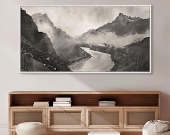 Black and White Mountain River Canvas Print: Farmhouse Wall Art