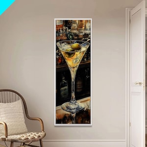 Realistic Martini Glass with Olives, Classic Cocktail Art, Bar Scene Canvas Print, Retro Kitchen Decor, Olive Martini Painting