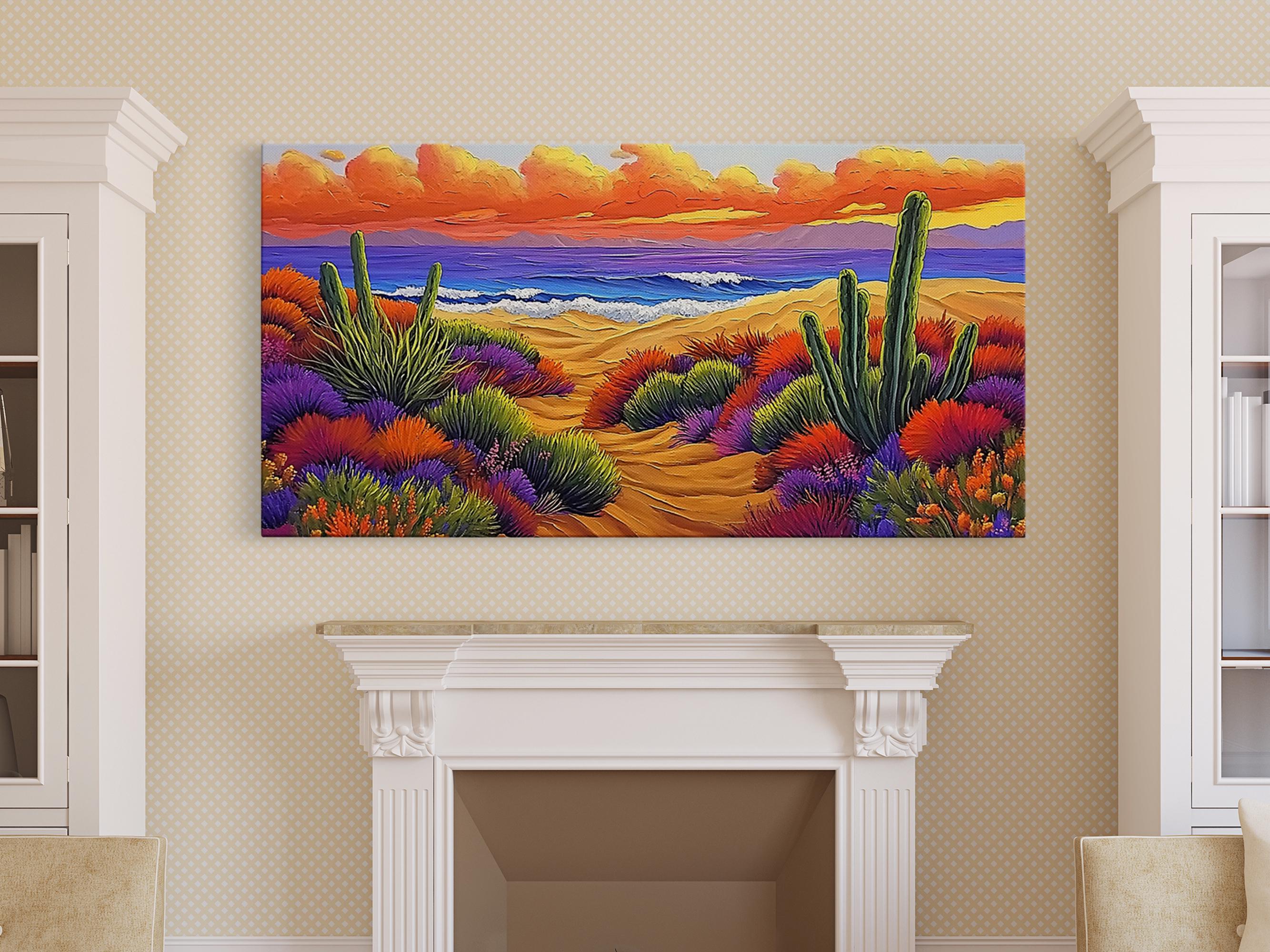 ⭐︎額入り⭐︎アート⭐︎壁掛け40×50cm Cactus Sunset Framed Canvas Print: Vibrant Desert Landscape, Boho