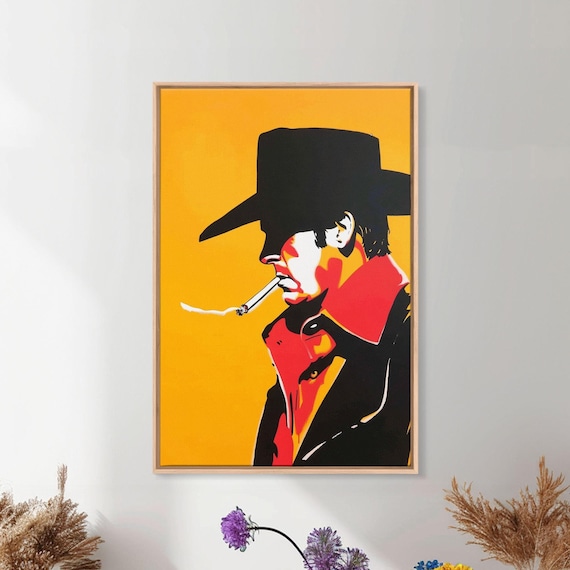 Mysterious Cowboy Smoking Cigarette - Framed Canvas Print, Western Pop Art,  Bold Wall Art for Living Room or Bar