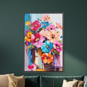 Bold Floral Bouquet in Bright Colors - Framed Canvas Print, Flower Decor, Floral Art for Bedroom, Vibrant Wall Art for Living Room