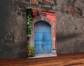 Traditional Mexican Style Rustic Blue Door Tall Art Framed Canvas