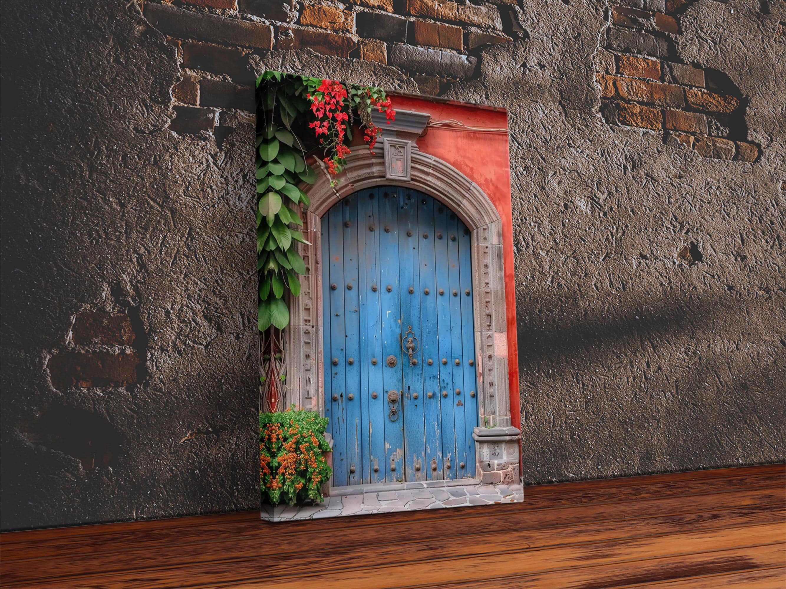 Traditional Mexican Style Rustic Blue Door Tall Art Framed Canvas