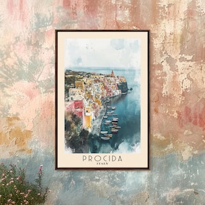 Procida Italy Watercolor Print: Framed Canvas Beach Painting