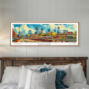 Raleigh North Carolina Panoramic Painting, Mid Century Modern Framed Canvas Print, Pop Art Wall Hanging, Retro Travel Poster