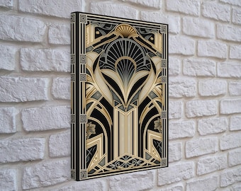 Art Deco Framed Canvas Print: Gold & Black Geometric Art