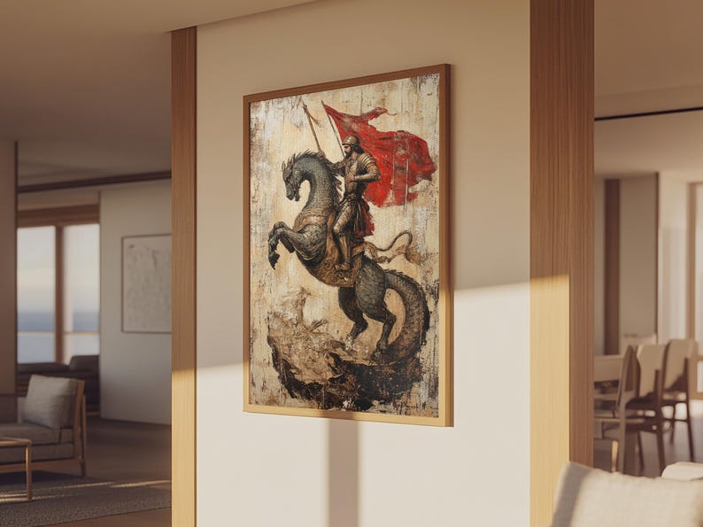 Saint George and the Dragon Battle Scene Framed Canvas Print | Renaissance Christian Art Painting, Vintage Religious Wall Art and Modern Ch image 3