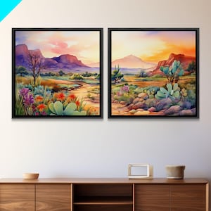 Two Piece Art, Southwestern Desert Landscape Print, Floral Print, Framed Canvas Art, Vibrant Cactus Desert Art, Mid-Century Modern
