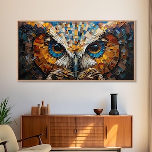 Owl Eyes Framed Canvas Print: Stained Glass Style Wood Frame Art