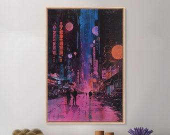 Neon Tokyo Art Print, Japanese Inspired City Art, Anime City Art, Framed Printed Canvas Art, Vaporwave City Wall Art, Abstract Wall Print