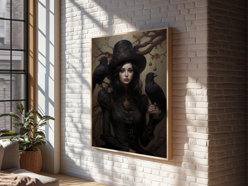 Witch and Ravens Framed Canvas: Gothic Halloween Art image 7