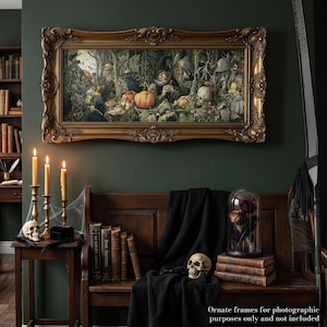 May include: A rectangular wall art piece in an ornate gold frame featuring a detailed illustration of a witch, pumpkins, skulls, and ravens in a forest. The text at the bottom right reads: Ornate frames for photographic purposes only and not included.