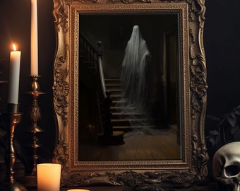 The Ghost On The Stairs, Macabre Halloween Decor, Halloween Poster / Canvas Print, Framed Wall Art, Dark Academia Goth Art