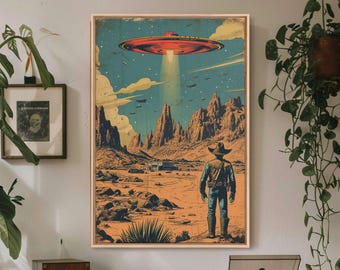 Sci-Fi Western Art Print: Cowboy, Alien Abduction, Desert Landscape