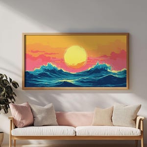 Synthwave Sunset Over Ocean Waves, Framed Canvas Print, Retro 80s Inspired Home Decor Wall Art NUEVART