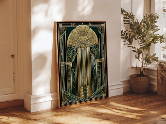 Art Deco Framed Canvas Print: Gold & Green Stained Glass Style - Etsy