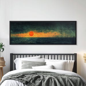 Aten&#39;s Rest - Framed Canvas Print - Panoramic Painting of a Sunset Over An Emerald Sea, Boho / Minimalist Style Wall Art, Ready To Hang