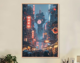 Cyberpunk City Canvas Art: Japanese Dystopian Street Print