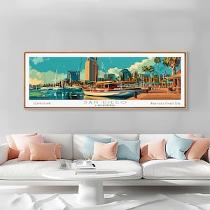 San Diego California Panoramic Painting, Retro Style Framed Canvas Print, Mid Century Modern Wall Art, Pop Art Travel Poster