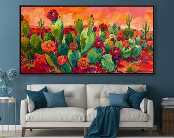 Desert Cactus Flower Framed Canvas Print: Boho Mountain Wall Art