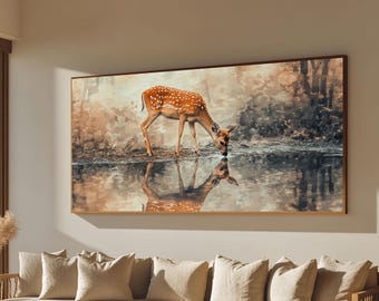 Cuadro decorativo de ciervo bebiendo agua - Decoración de pared estilo casa de campo