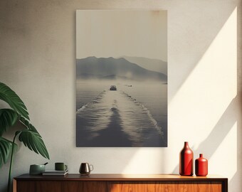 Boat Art, Black And White, Minimalist Wall Art, Mountain Wall Art, Canvas Print, Wall Hanging, Portrait Art, Nature Print, Nautical Print