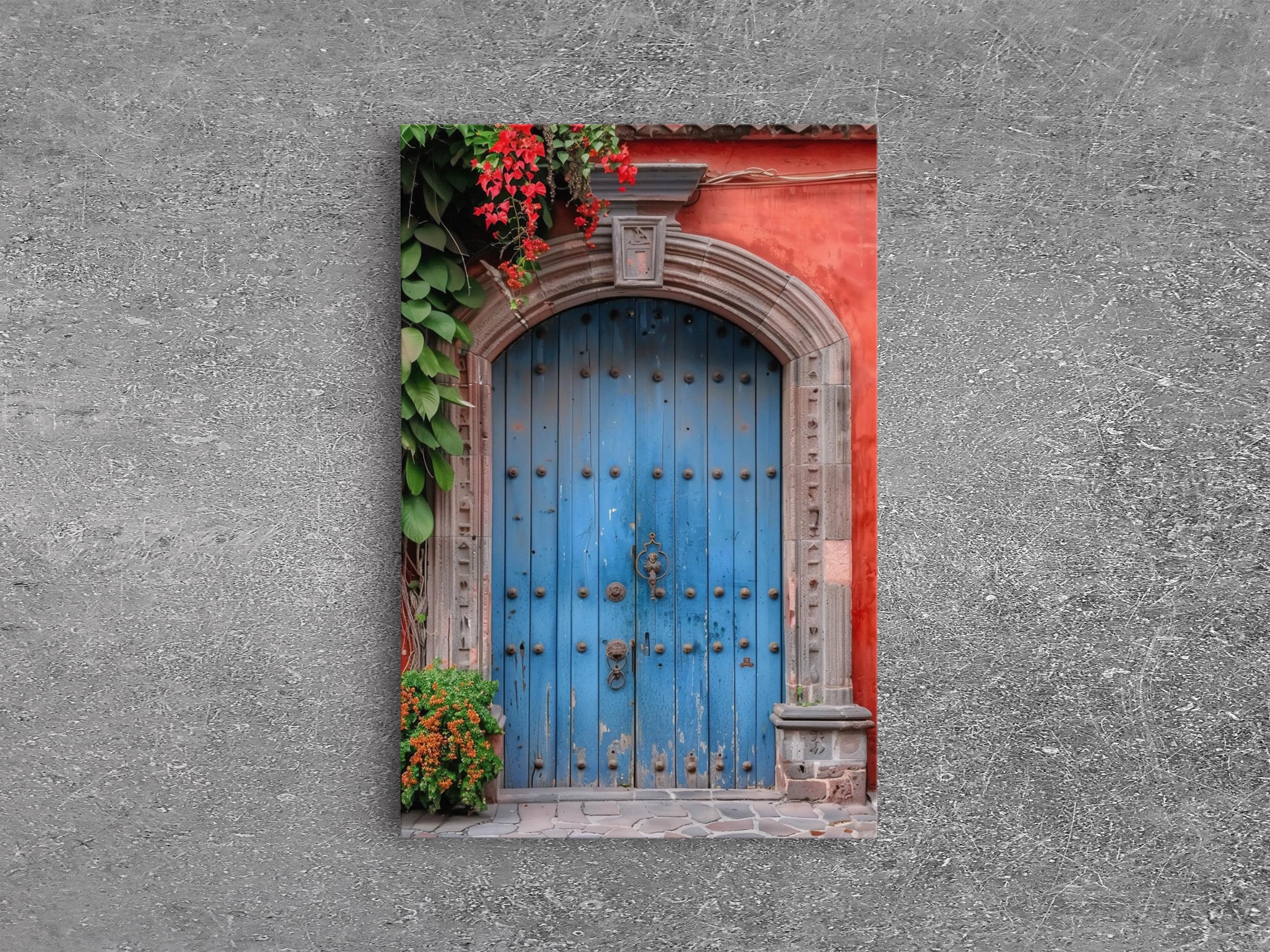 Traditional Mexican Style Rustic Blue Door Tall Art Framed Canvas