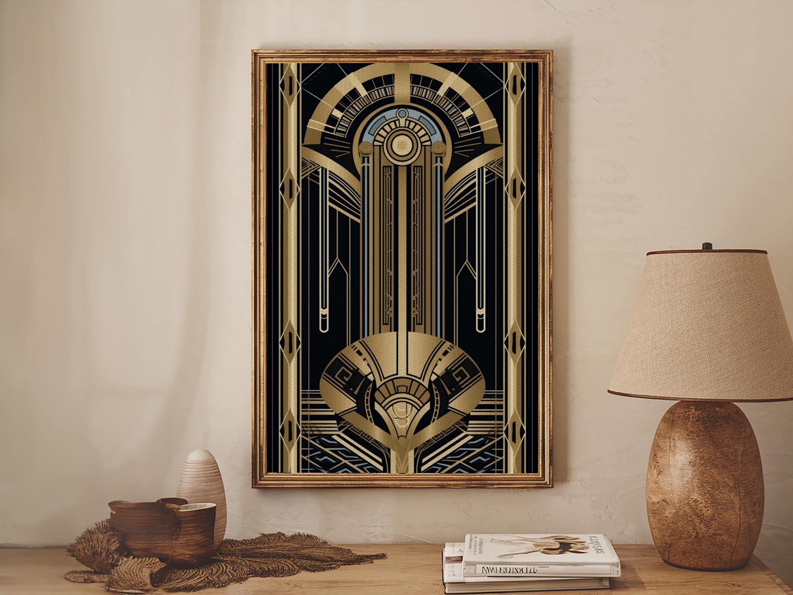 Art Deco Framed Canvas Print: Gold & Black Abstract Lines - Etsy