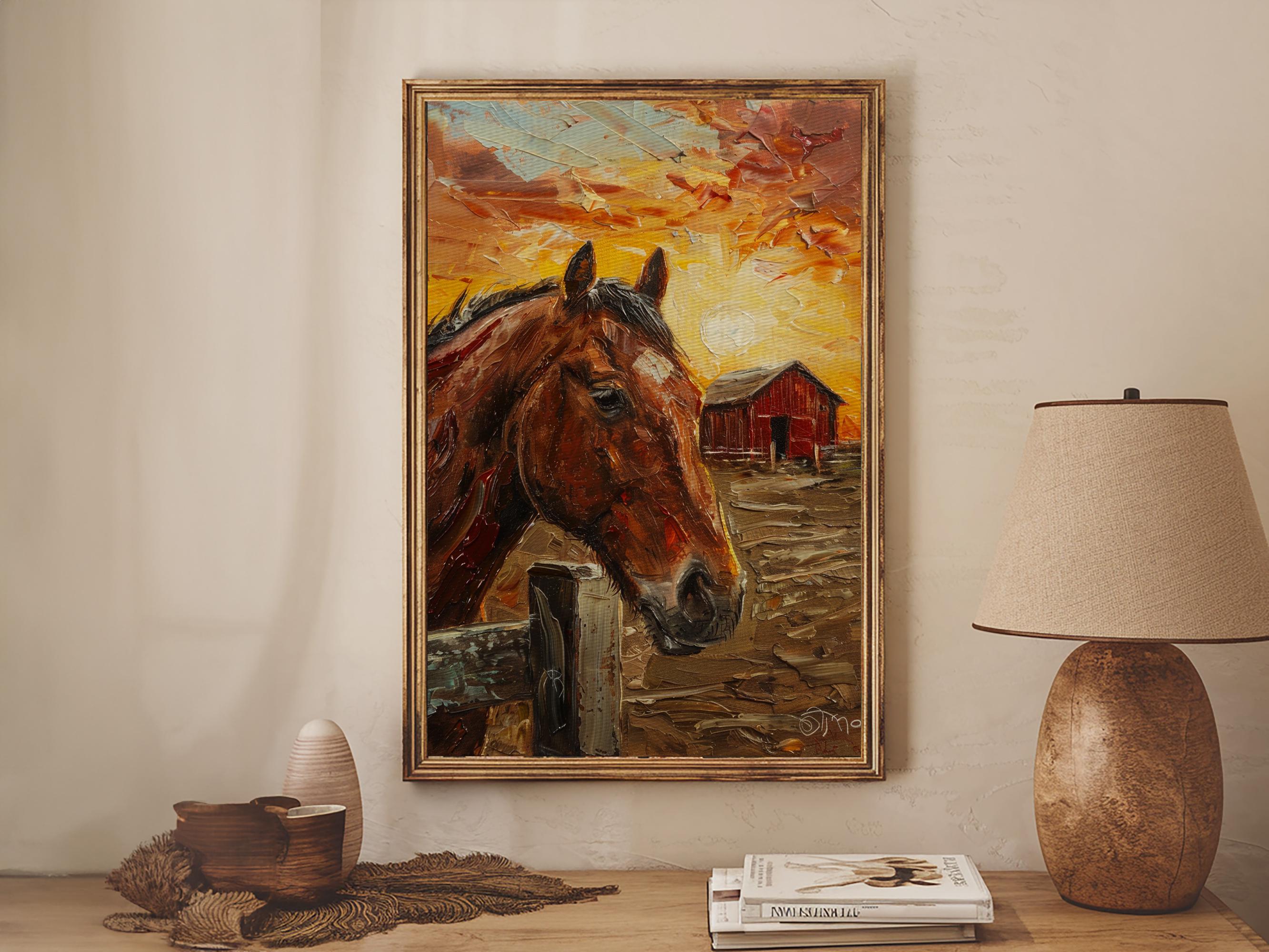 Horse and Red Barn Sunset Art: Rustic Farmhouse Framed Canvas