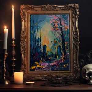 Haunted Forest Graveyard Framed Canvas Print, Spooky Cemetery Art, Halloween, Eerie Graveyard Decor, Gothic Artwork, Framed Canvas Print