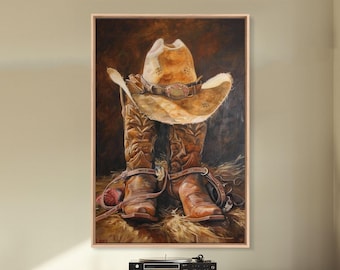 Cowboy Boot and Hat Art Print: Rustic Western Canvas
