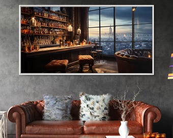 Vintage Bar Canvas Print: Winter City View, Bar Cart Art