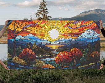 Stained Glass Sunset Canvas Print: Abstract Panoramic Wall Art