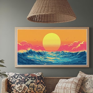 Retro Sunset Over The Ocean, Framed Canvas Print, Beautiful Synthwave Horizontal Wall Art NUEVART