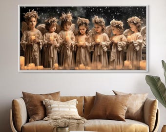 May include: A framed canvas print showing seven children in angel costumes, each holding a lit candle. They wear beige robes and floral headbands, with feathery wings. The background is a dark, starry night, and candles are scattered below.