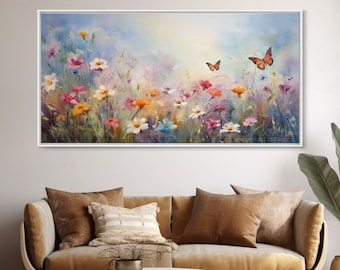 Butterflies Wall Art, Wildflower Meadow, Panoramic Art, Wall Art, Canvas Art, Landscape Art, Spring Meadow Print, Wife Gift, Boho Wall Art