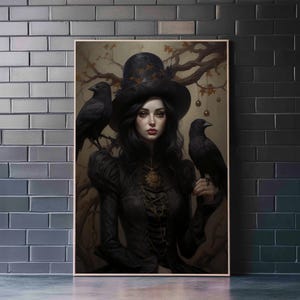 Witch and Ravens Framed Canvas: Gothic Halloween Art image 2