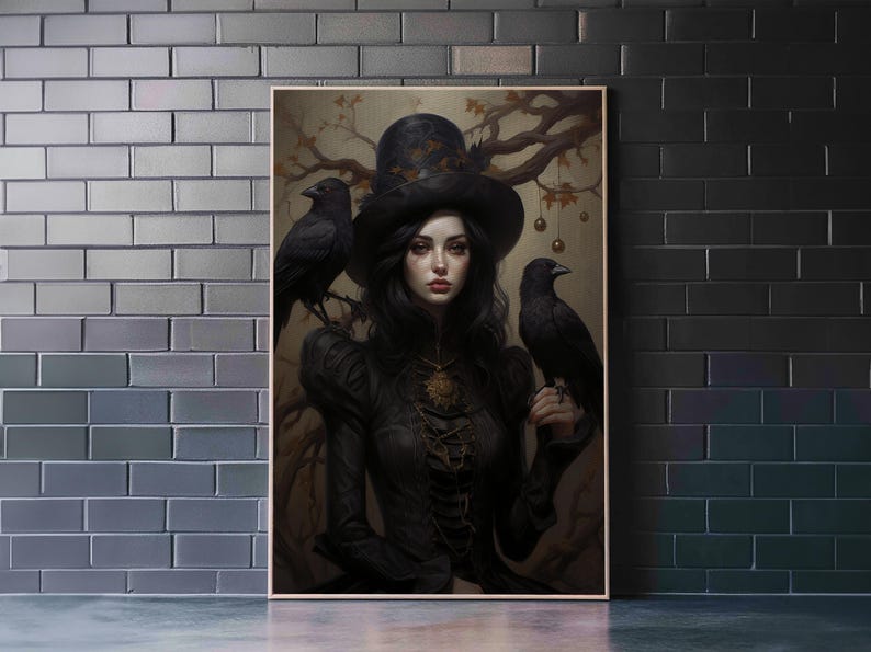 Witch and Ravens Framed Canvas: Gothic Halloween Art image 2