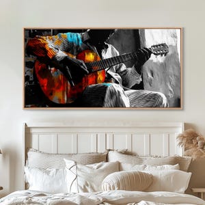 Guitarrista, música, expresión, momento musical melancólico capturado en esta impresión en lienzo enmarcada, arte bohemio para sala de música, arte de pared para estudio artístico imagen 3